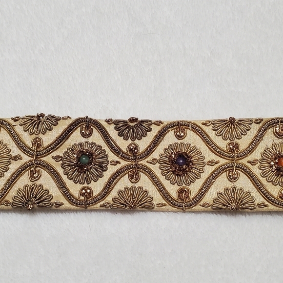 VINTAGE 60s Silk Gold Silver Metal Filigree Embroidered Tassle Tie-Waist Belt - Picture 3 of 11